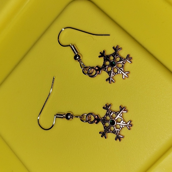 Rose Gold Tone Snowflake Earrings with Green Gems - Picture 3 of 3